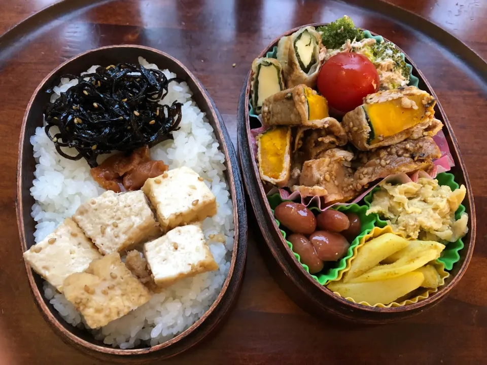 本日もお弁当🍱かぼちゃ豚肉巻き巻き🥓チーズ巻き巻き🧀キャベツたまごとじ🍳芋カレー🥔煮豆🍛ブロッコリー🥦厚揚げ🥦昆布佃煮 #息子弁当  #わっぱ弁当  #かぼちゃ🎃  #豚肉巻き  #キャベツ炒め  #芋  #煮豆  #ブロッコリー🥦  #厚揚げ  #昆布佃煮  #札幌  #中島公園|Yukie  Toriseさん