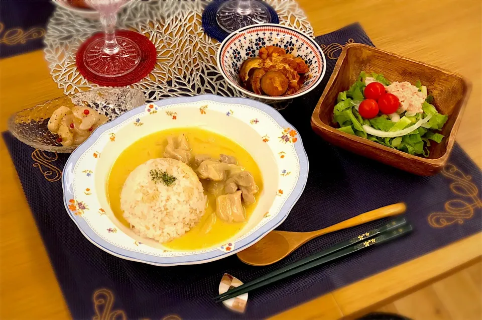 チーズチキンシチュー
なす チキン トマト煮
ほたて マリネ
サラダ|nana 🍅さん