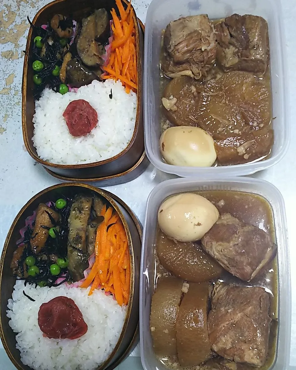 Snapdishの料理写真:今日のお弁当🍱

人参のナムル
なすの味噌炒め
ひじき煮
豚の角煮(大根 たまご入り)|ボスママさん