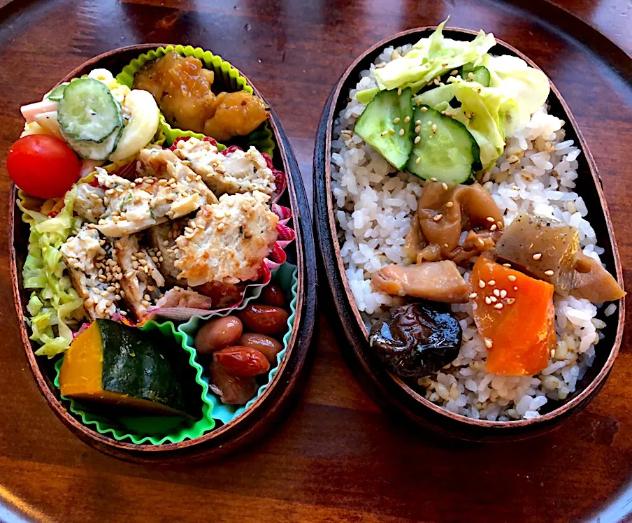 本日もお弁当🍱鶏肉蓮根ハンバーグ🍖マカロニサラダ🥗かぼちゃ煮付け🎃煮豆🌰きゅうり浅漬け🥒旨煮🌰鶏肉ハニーマスタード #息子弁当  #わっぱ弁当  #鶏肉  #蓮根  #ハンバーグ  #マカロニサラダ  #旨煮  #きゅうりの浅漬け #札幌 #中島公園|Yukie  Toriseさん