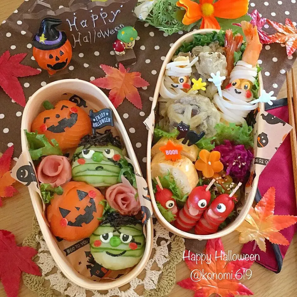 手毬寿司とエビ天うどんミイラのハロウィン弁当🎃👻|@konomi.619さん