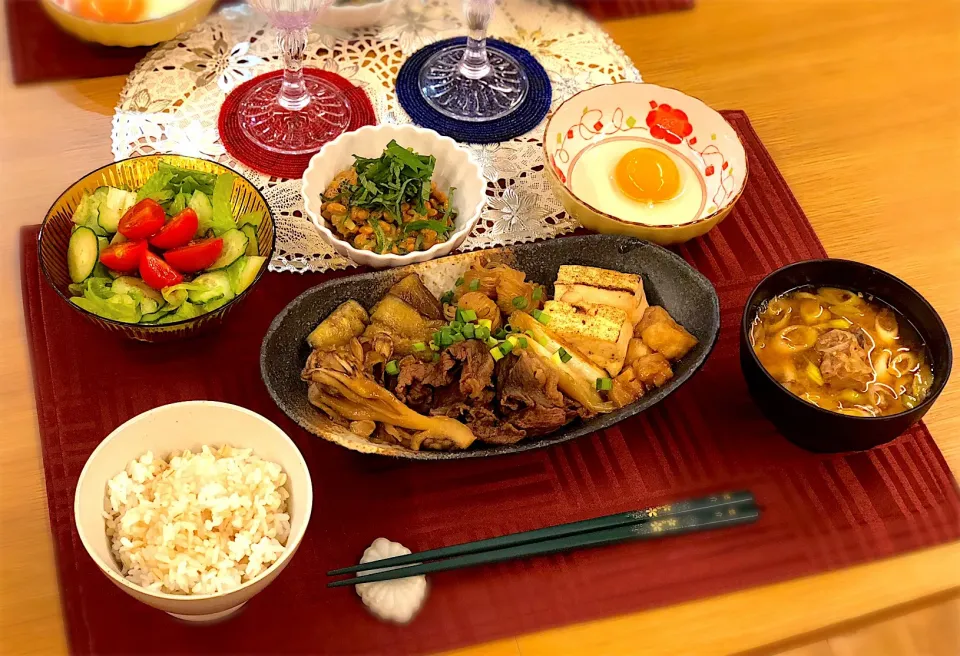 すきやき
納豆 きゅうり 大葉 和え
鯖味噌煮缶スープ
サラダ|nana 🍅さん