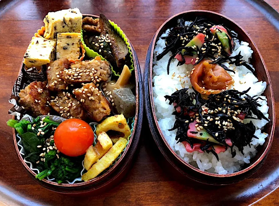 本日もお弁当🍱豆腐ハンバーグ（清水豆腐店）セゾンファクトリーの高畠玉ねぎドレッシング使用）ほうれん草🥗蓮根 #息子弁当  #わっぱ弁当  #豆腐ハンバーグ #清水豆腐店 #セゾンファクトリー #高畠ドレッシング#ほうれん草 #蓮根カレー焼き #旨煮#ごぼう入り卵焼き#卵焼き #ひじきの煮物 #札幌#中島公園|Yukie  Toriseさん