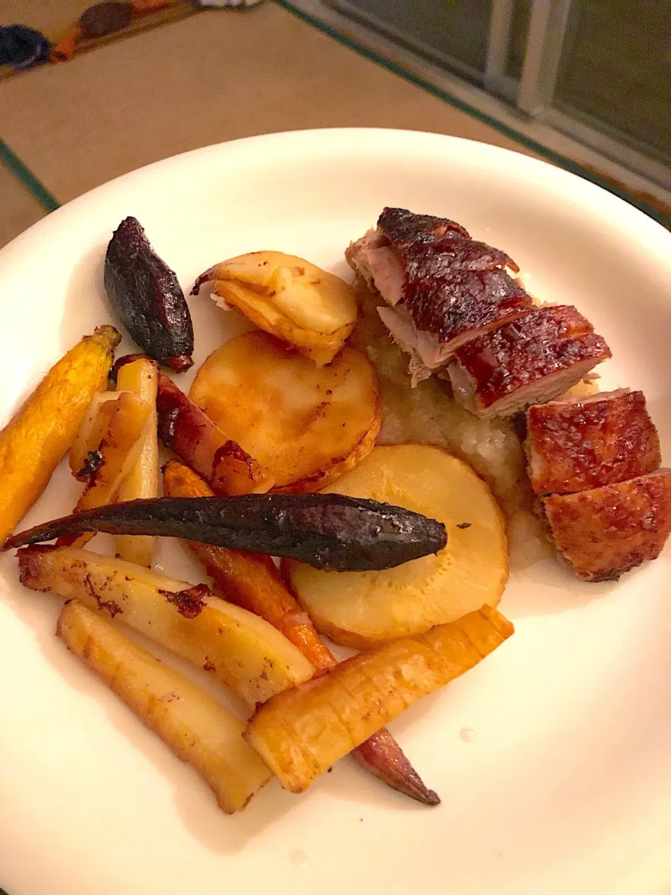 Snapdishの料理写真:Roasted Duck on Apple compote with parsnips and carrots.|Chris Shannonさん