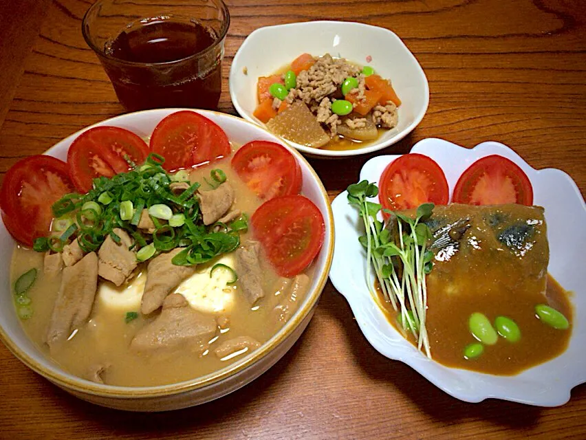 今日のテニス🎾前の実家での男飯(๑˃̵ᴗ˂̵)熱々ホルモン豆腐&鯖の味噌煮&大根の煮物🎶一気に茶色化した〜(￣◇￣;)|ひーちゃんさん