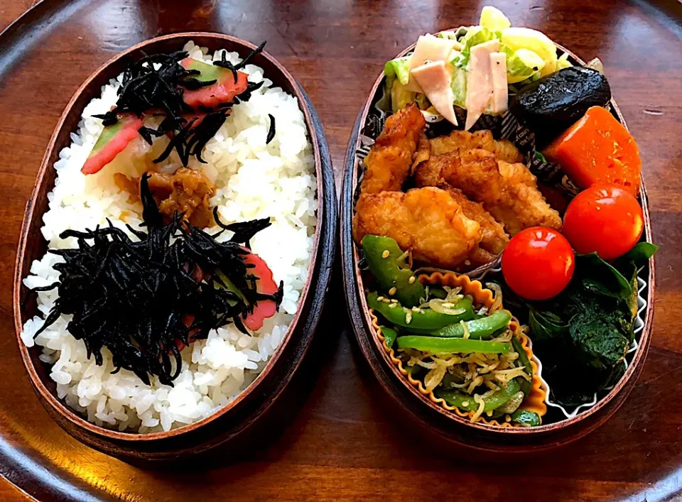 本日もお弁当🍱とり天（マヨネーズで下味つけ）🍗ほうれん草🥦旨煮🌰マカロニサラダ（セゾンファクトリーの柚子フレンチドレッシング使用）🥗ピーマンちりめん炒め🐟 #息子弁当  #わっぱ弁当  #とり天  #マカロニサラダ🥗  #セゾンファクトリー #セゾンファクトリーの柚子フレンチドレッシング#セゾンファクトリーのドレッシン|Yukie  Toriseさん