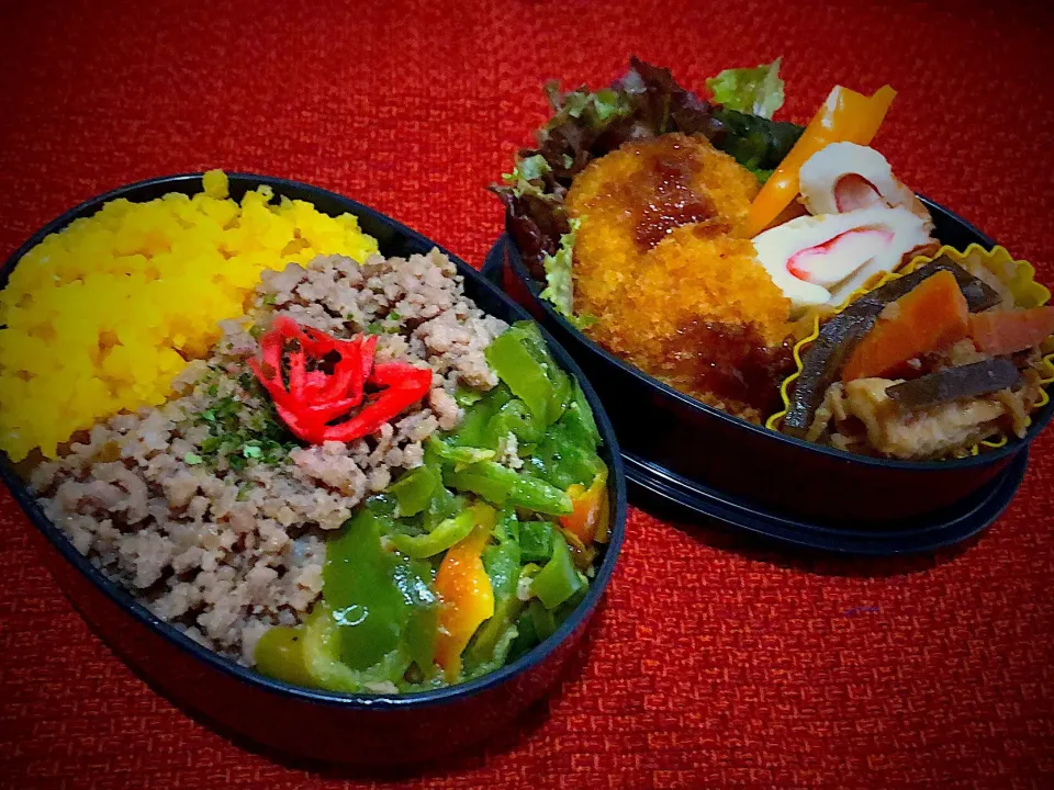 11／5昼食  #昼ごはん  #弁当 
 #献立  そぼろ・玉子・ピーマンの三色丼 コロッケ 切り干し大根 カニカマ竹輪 千切りキャベツ|おさんどんさん