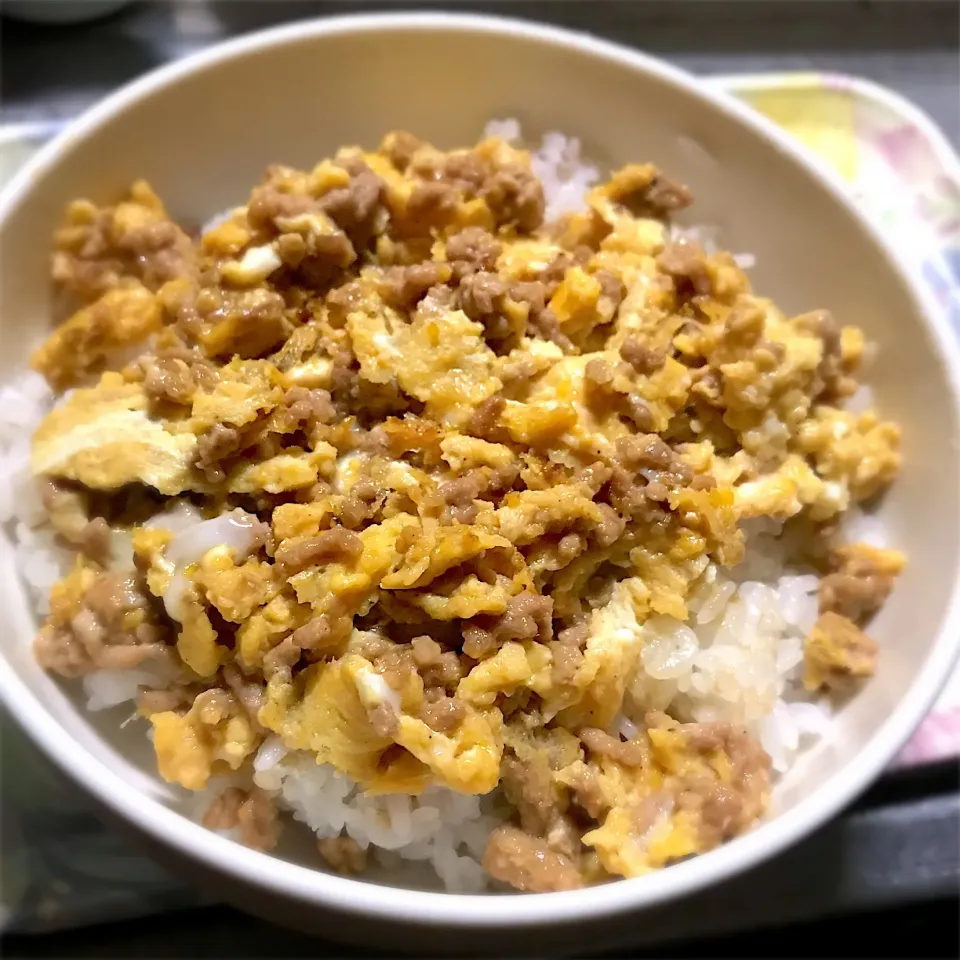 遅いランチに、ひき肉卵とじ丼を頂きます😋🎵👍|ギムレットさん