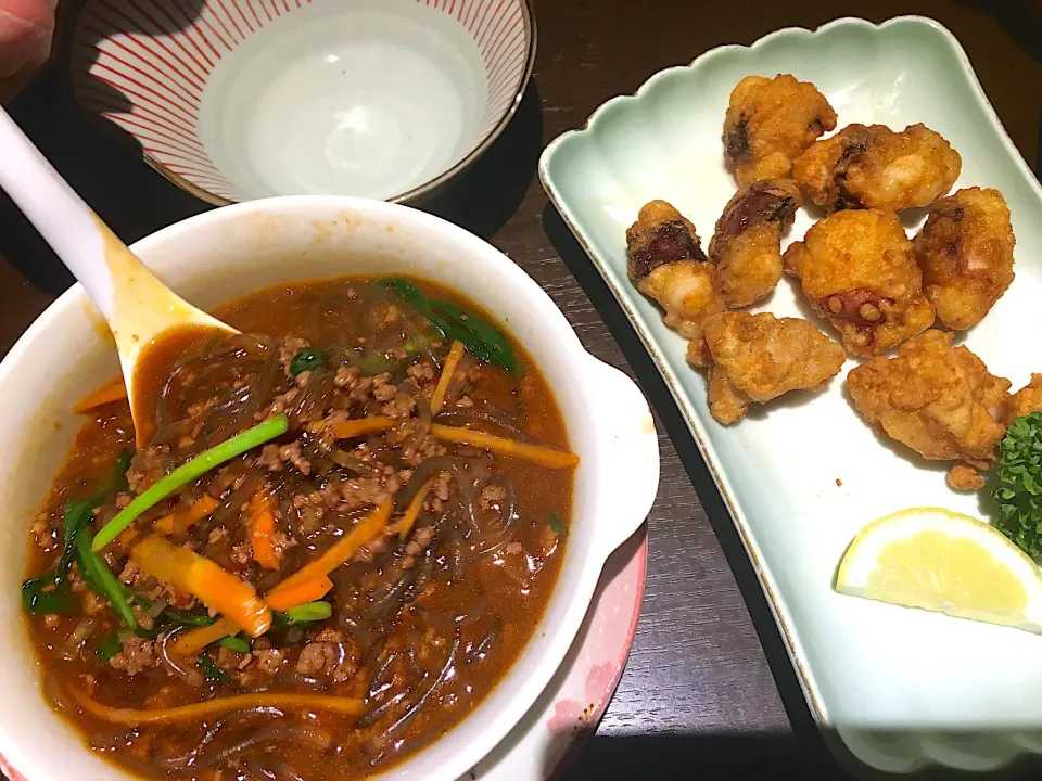 麻婆春雨とタコの唐揚げ|しろこ🐾໊さん