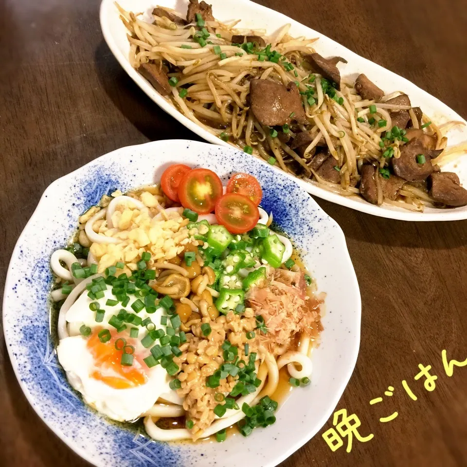 Snapdishの料理写真:冷やしぶっかけうどん&レバーもやし炒め|み〜さん