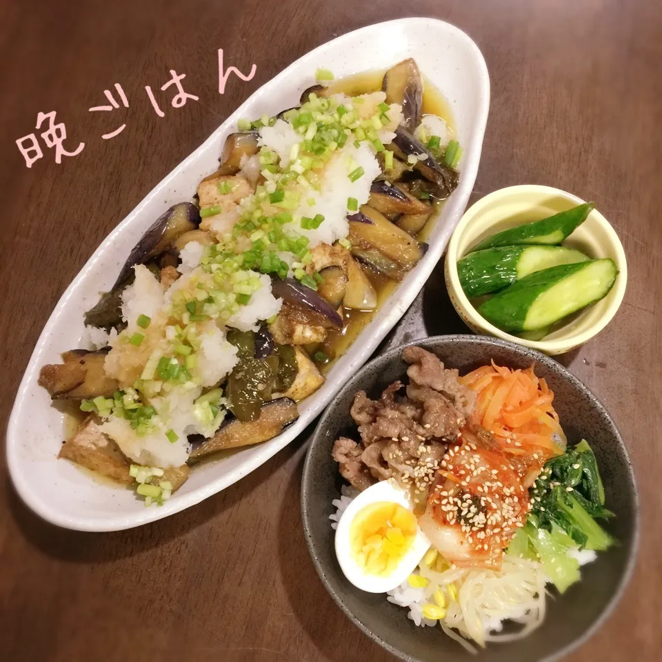 Snapdishの料理写真:ビビンバ丼&ナスと厚揚げのみぞれポン酢炒め|み〜さん