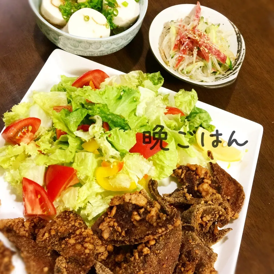 豚レバーの唐揚げ&もずく冷奴&中華サラダ|み〜さん