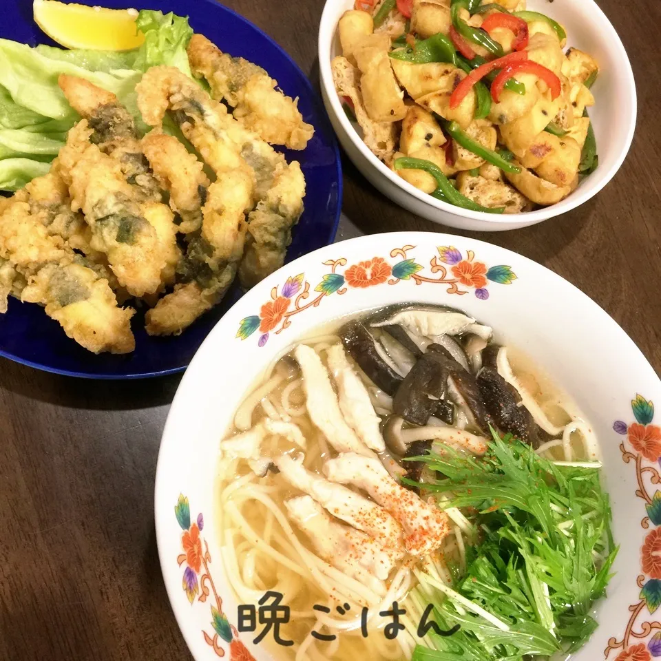 鶏ときのこのうどん&がんもの源たれ炒め&鶏胸肉の磯辺天|み〜さん