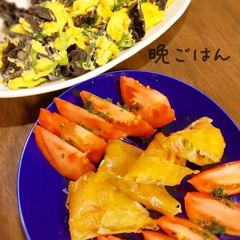 Snapdishの料理写真:ピザ春巻き&キクラゲとニラの卵炒め|み〜さん