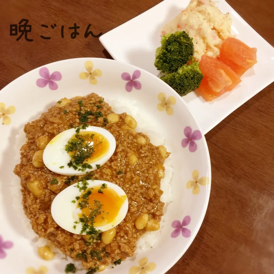 Snapdishの料理写真:大豆入りキーマカレー&ポテサラ|み〜さん