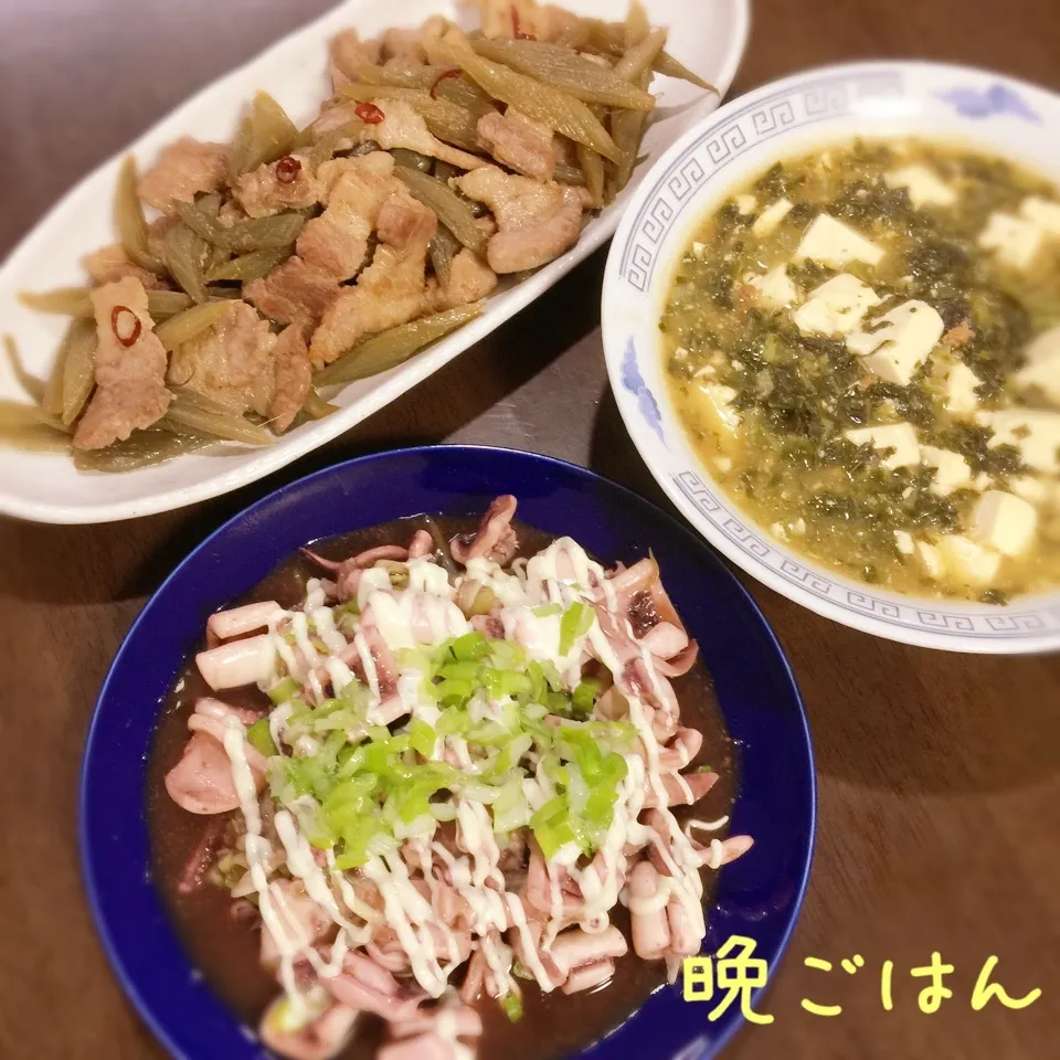 イカのオイスター炒め&フキと豚バラ炒め&高菜入り麻婆豆腐|み〜さん