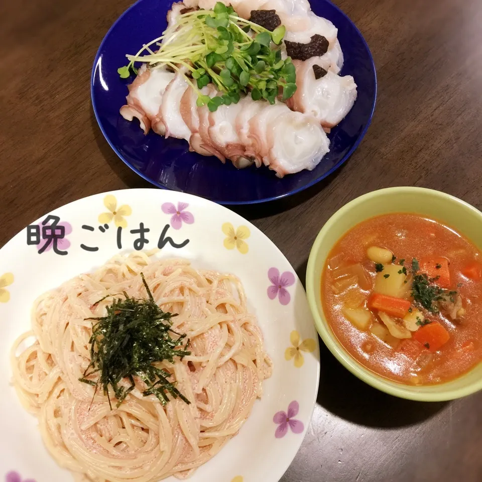 明太子スパゲティ&ポークビーンズ&タコ刺し🐙|み〜さん