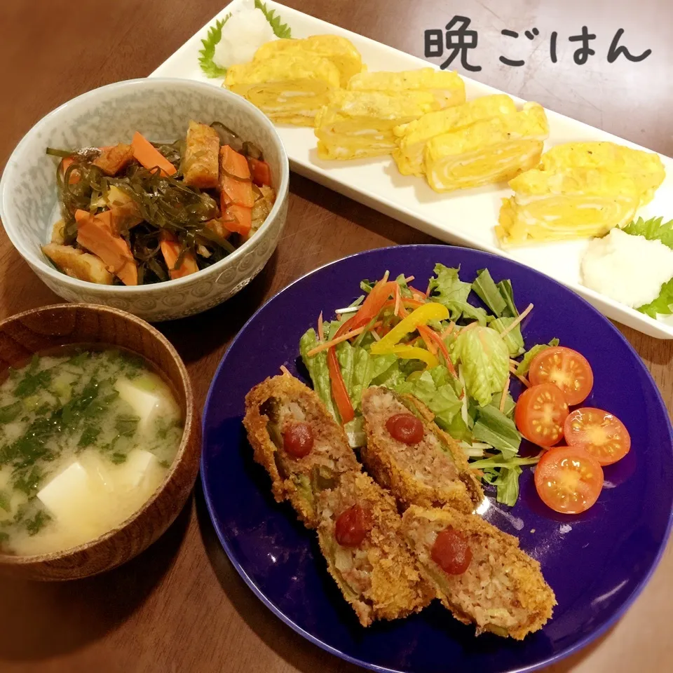 ピーマンの肉詰め揚げ&厚焼き卵&すき昆布煮&みそ汁|み〜さん