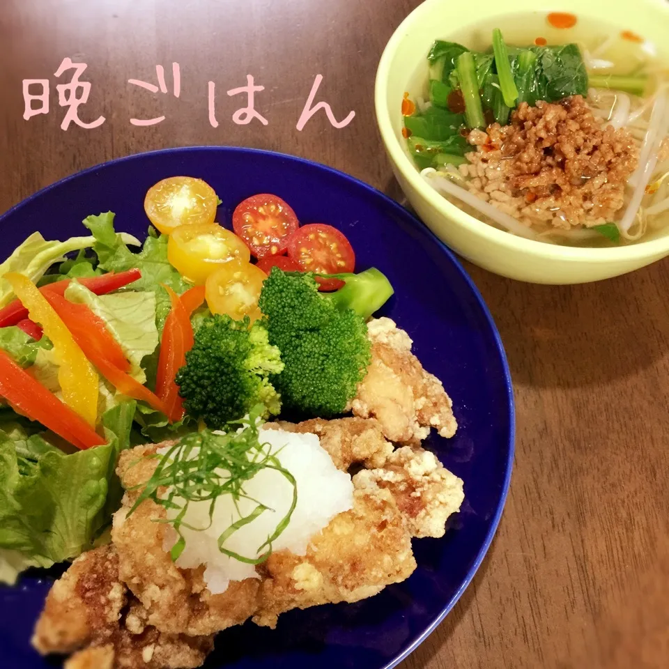 鶏の唐揚げ&もやしの坦々スープ|み〜さん