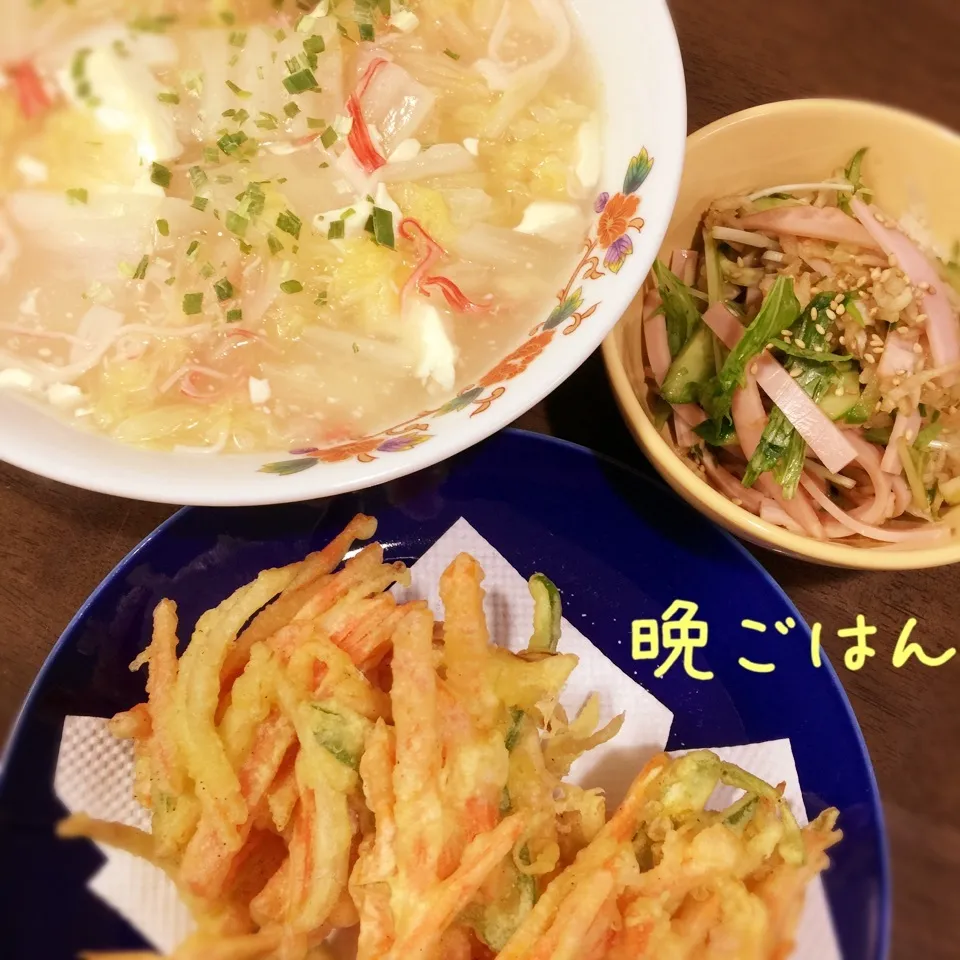 白菜とカニの中華煮&人参かき揚げ&切り干し大根サラダ|み〜さん