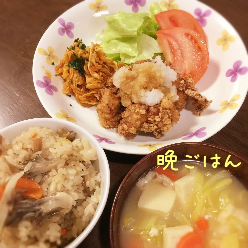 唐揚げ&舞茸ごはん&野菜みそ汁|み〜さん