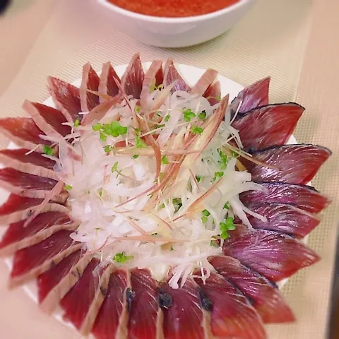 Snapdishの料理写真:香味野菜とカツオ⭐️とまとドレッシングで(^_^)|joさん