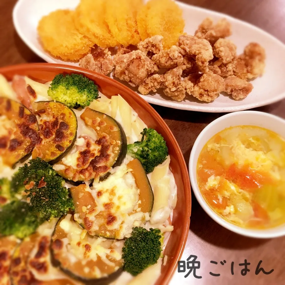 かぼちゃグラタン&唐揚げ&はんぺんフライ&チンゲンサイスープ|み〜さん