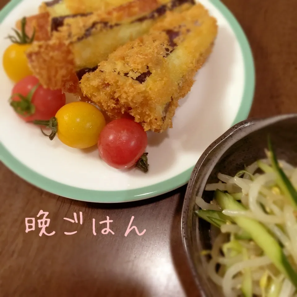 Snapdishの料理写真:茄子のハムはさみ揚げ&もやしとキュウリのナムル|み〜さん