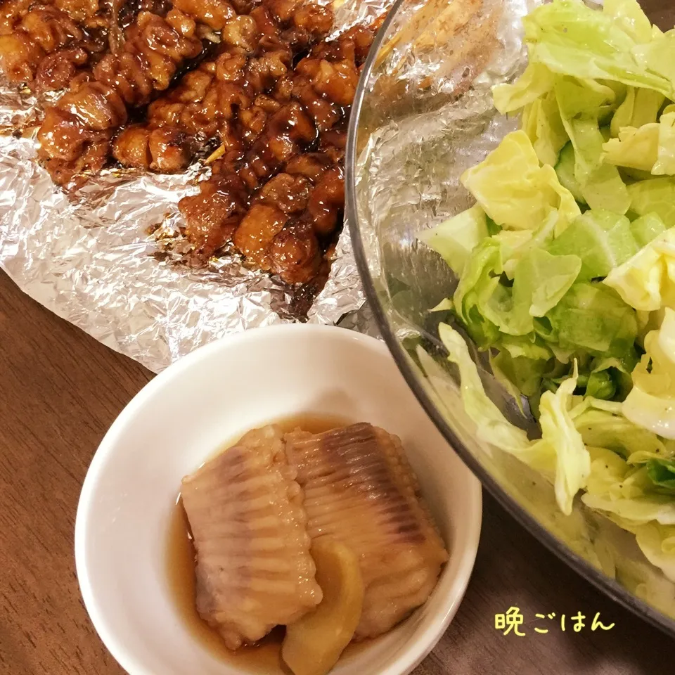 カスベの煮付け&焼き鳥&キャベツサラダ|み〜さん
