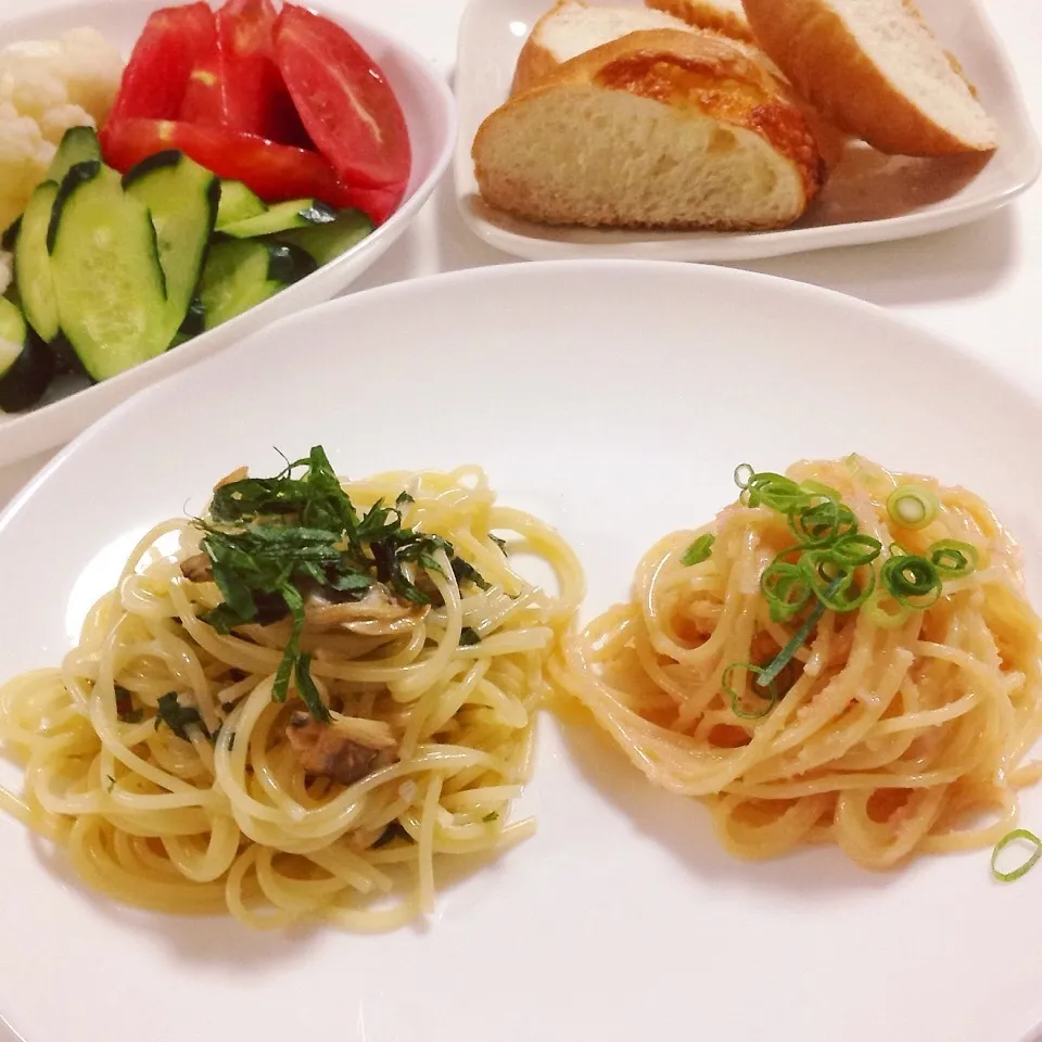 Snapdishの料理写真:アサリと大葉の冷製パスタ&たらこパスタ|mimiさん