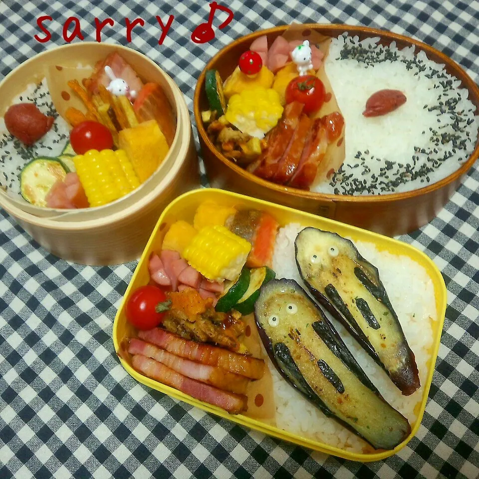 Snapdishの料理写真:3人分のお弁当♪ﾋｬ～(゜o゜;)|サリーさん