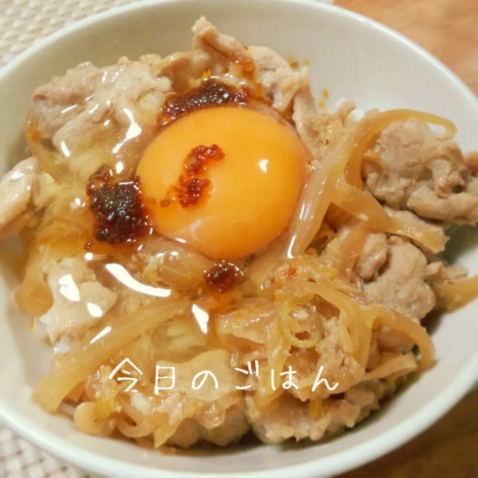 Snapdishの料理写真:すた丼屋さん風豚生姜丼（生卵と海老ラー油がけ）|ナデシコさん