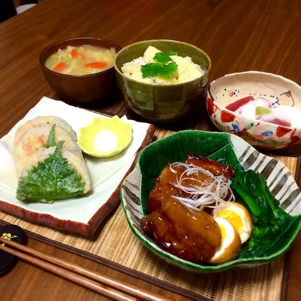 福寿草さんの蓮根と明太子の挟み揚げ 角煮 筍ご飯 マグロ山か|えりかさん