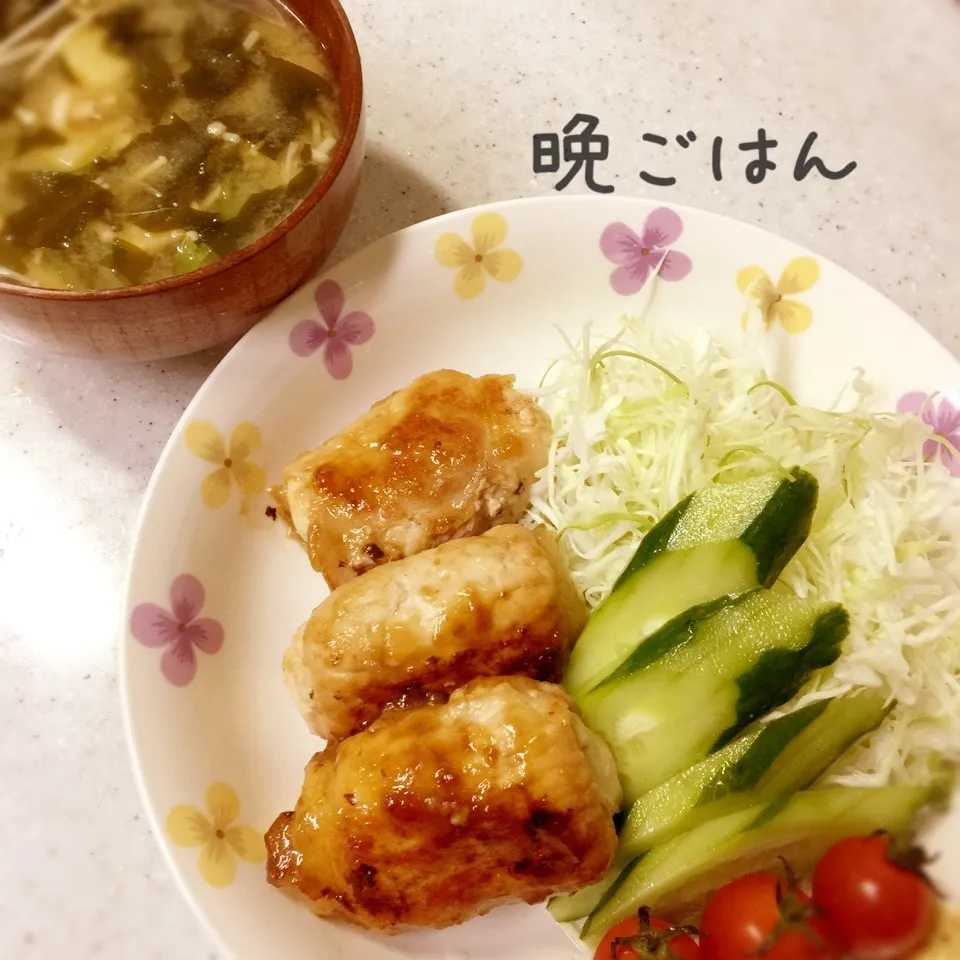 肉巻き豆腐&えのきとワカメの味噌汁|み〜さん