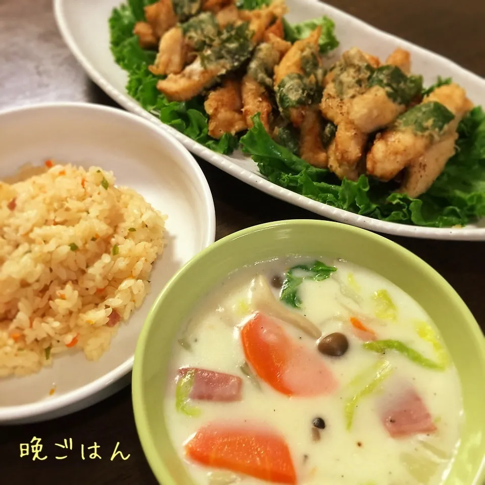 白菜クリーム煮＆簡単ピラフ&鶏の香り揚げ|み〜さん