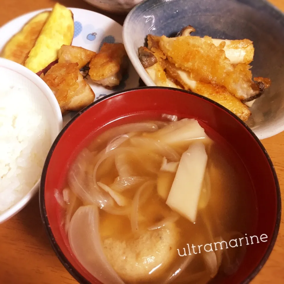 ＊がんも、舞茸のお味噌汁 エリンギの唐揚げ♪＊|ultramarineさん