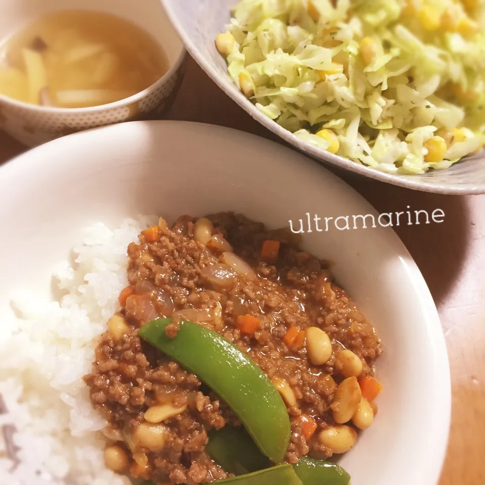 Snapdishの料理写真:＊ひき肉とお豆のハヤシカレー♪あっさりコールスロー＊|ultramarineさん