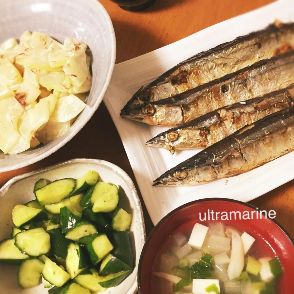 Snapdishの料理写真:＊秋刀魚の塩焼き、夏と秋ごはん。＊|ultramarineさん