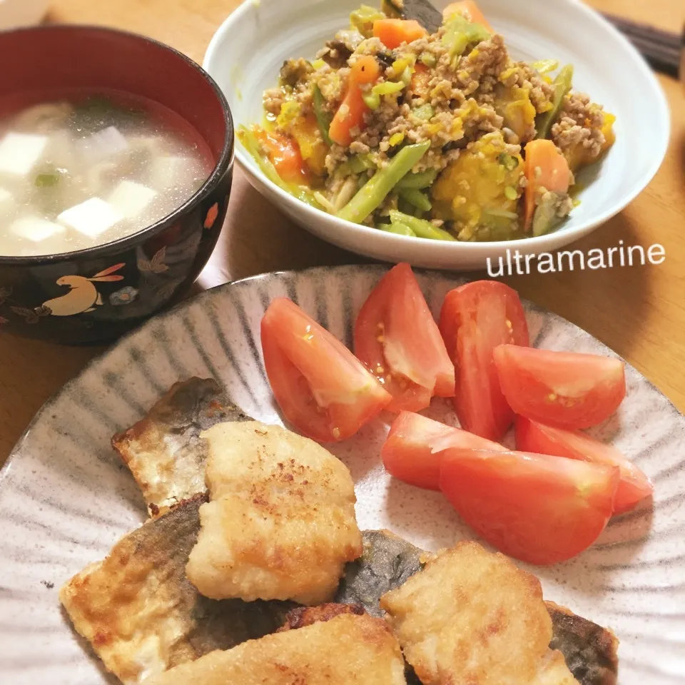 ＊さばの竜田揚げ焼き、かぼちゃのそぼろ煮＊|ultramarineさん