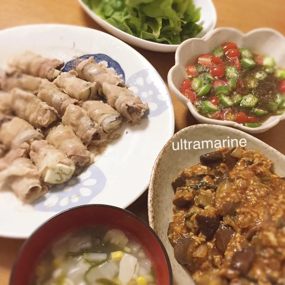 Snapdishの料理写真:＊茄子の肉巻き♪肉味噌茄子、ねばとろサラダ＊|ultramarineさん