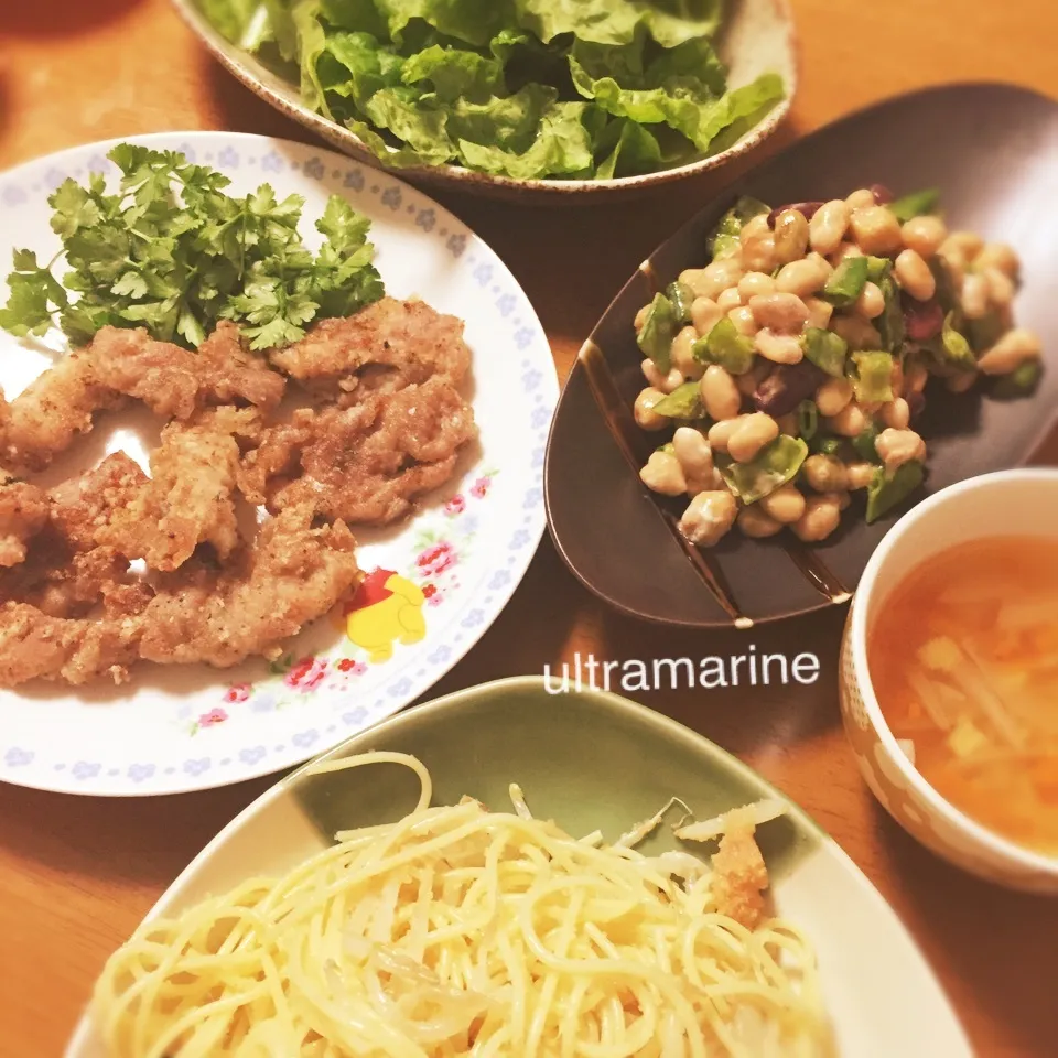 Snapdishの料理写真:＊豚こまカリカリ揚げ&たらこパスタ♪＊|ultramarineさん