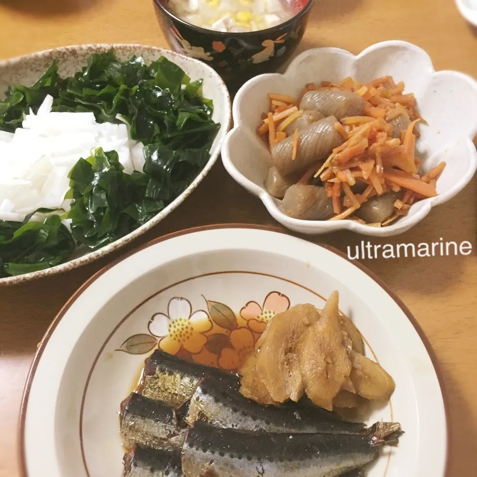 ＊いわしごぼうの煮物♪蒟蒻きんぴら、スープ＊|ultramarineさん