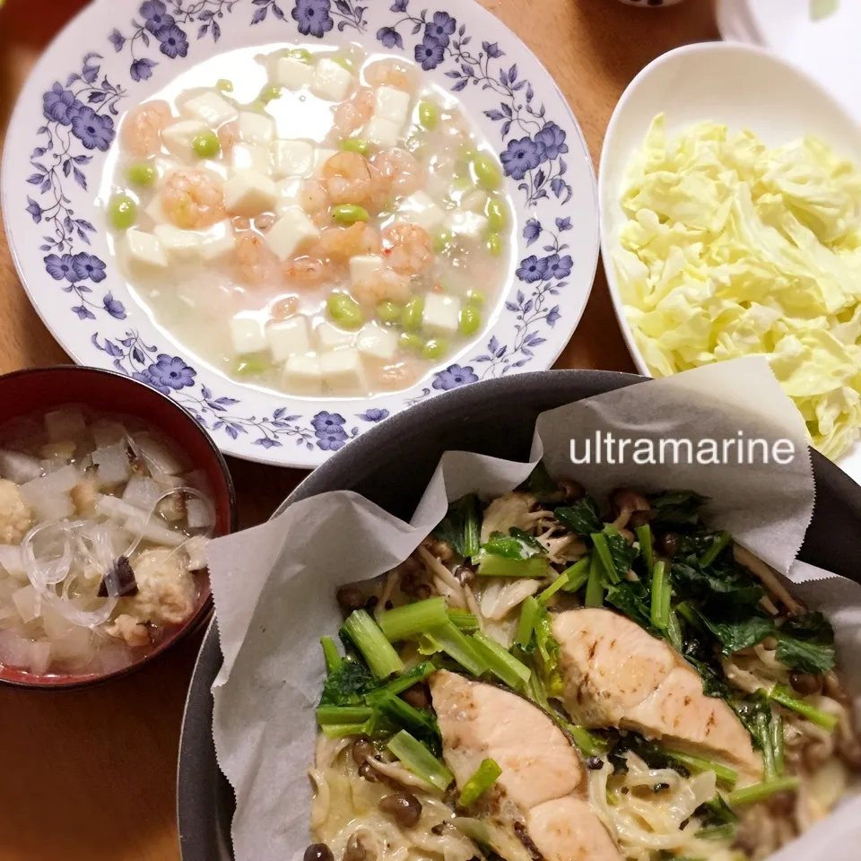 ＊海老とうふ枝豆の春色あん♡鮭の味噌マヨ包み＊|ultramarineさん