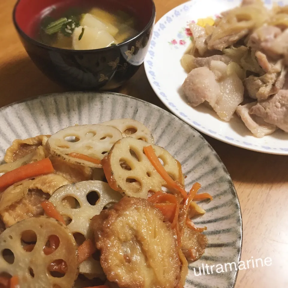 ＊揚げ麩と蓮根のきんぴら、塩麹のやわらかしょうが焼き＊|ultramarineさん