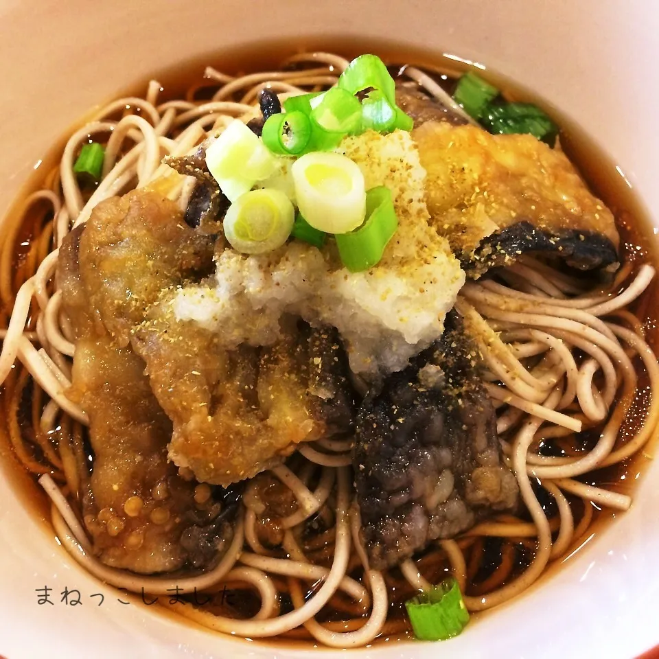 Snapdishの料理写真:あんみつさんの茄子の蒲焼き乗せ蕎麦|Miyukiさん