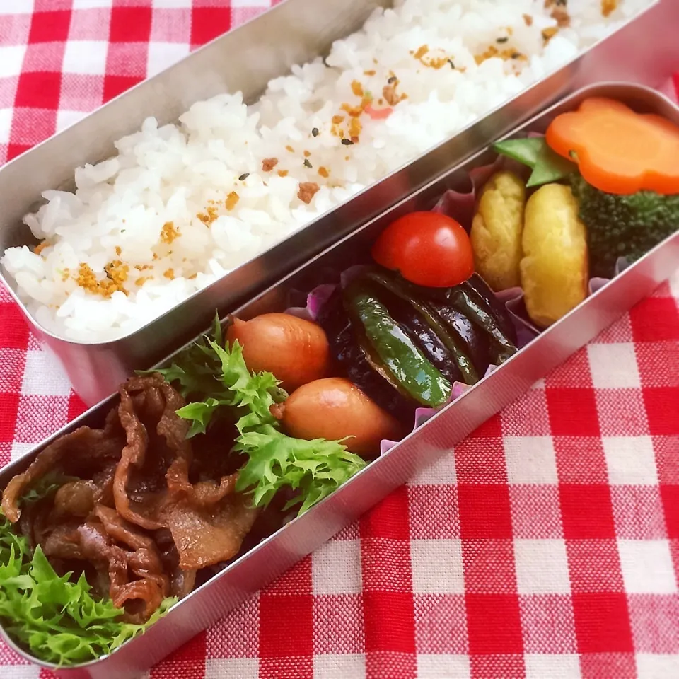 今日のお弁当(豚肉も甘辛炒め)|demekinさん