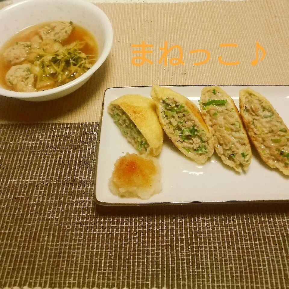 Snapdishの料理写真:お揚げさんの肉詰め&おろしポン酢でまねっこです♪♪|えんどうくんさん