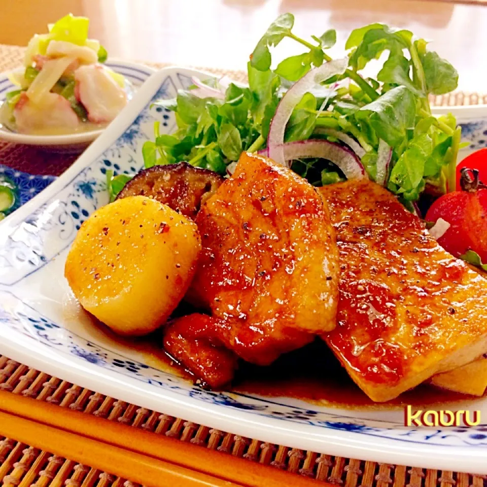 豆腐と豚ばら肉の照り焼き＆春ねぎとタコの辛子酢味噌ランチ♪|かおちゃんさん