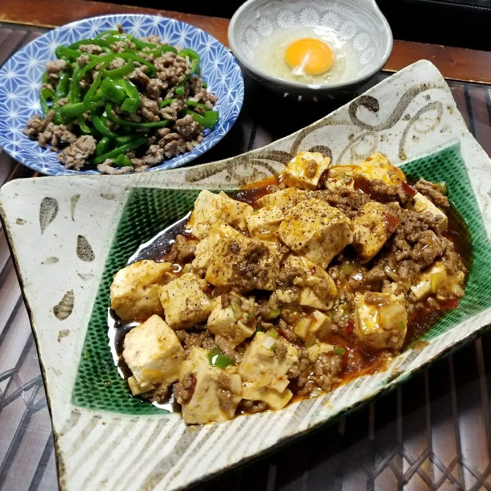 Snapdishの料理写真:今日の深夜飯🍚🙋麻婆豆腐とピーマン挽き肉炒め♪ヽ(・∀・|dai.noriさん