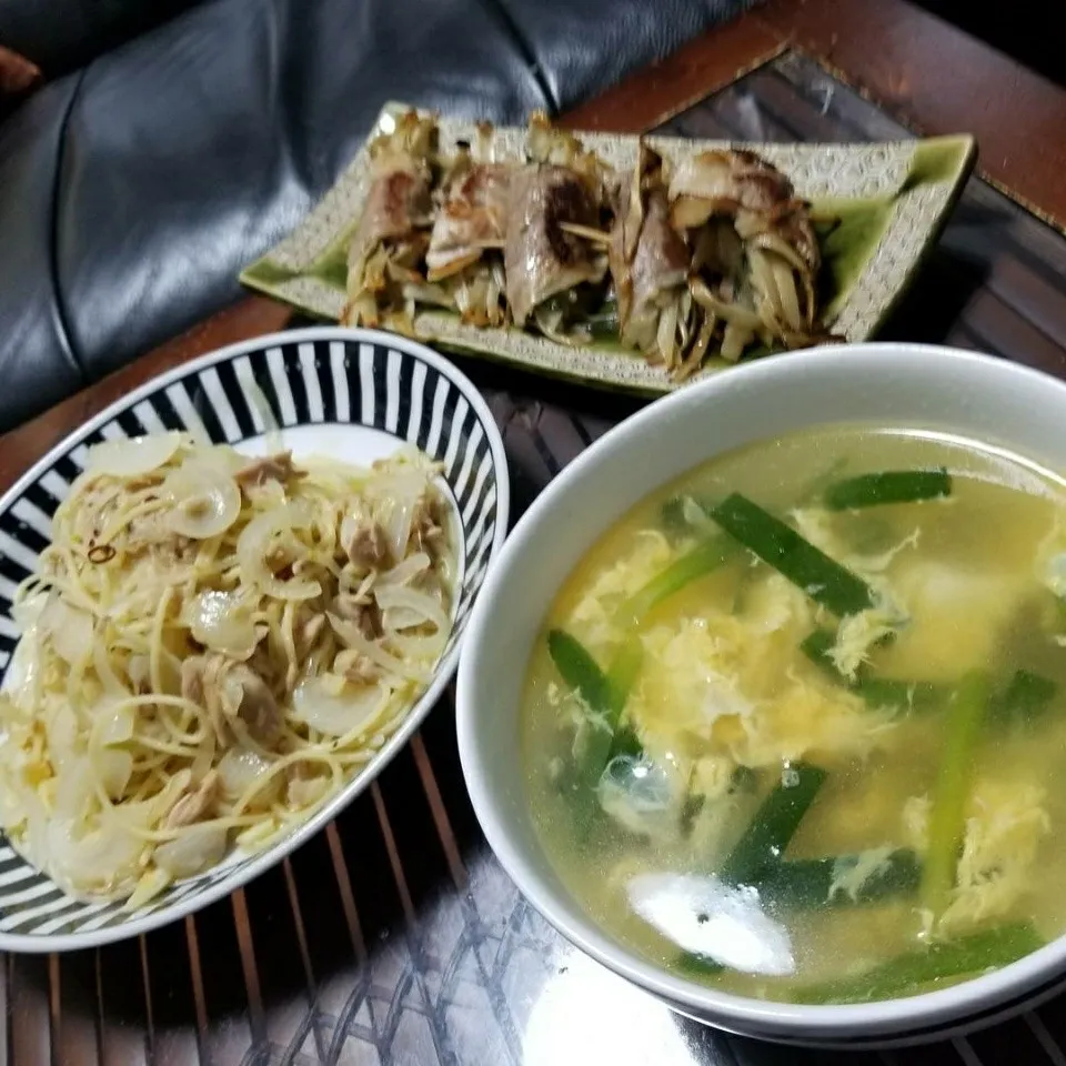 豚肉牛蒡巻きとツナパスタにニラ玉スープ🙋|dai.noriさん